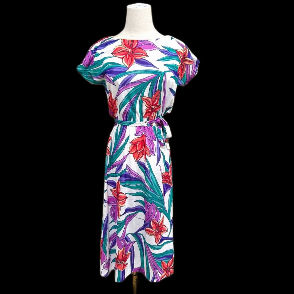 Vintage 80's Vibrant Floral Print Belted Midi Dress KARA of California